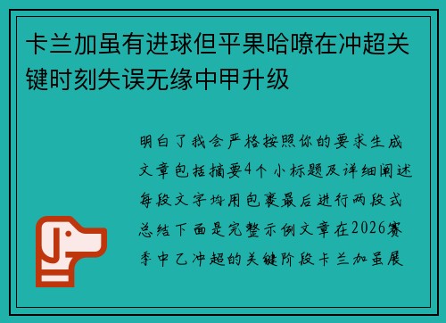 卡兰加虽有进球但平果哈嘹在冲超关键时刻失误无缘中甲升级